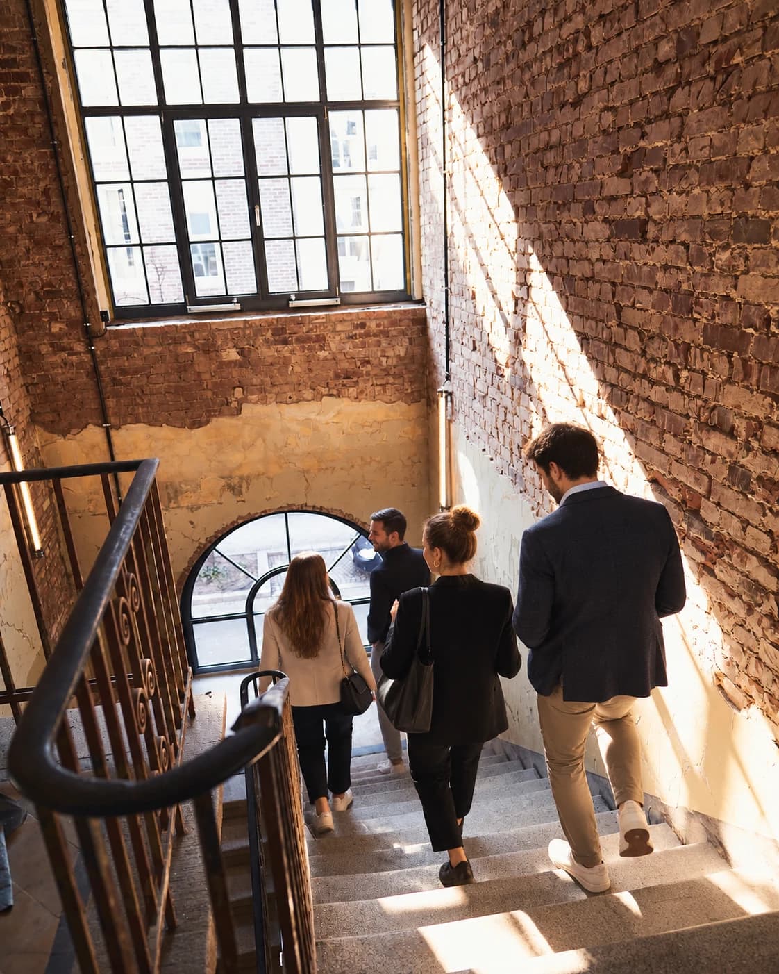 Vier Gäste gehen im Sonnenlicht das Treppenhaus hinunter, vorbei an Backsteinwand und Geländer, zum Rundbogenfenster am Fuß der Treppe