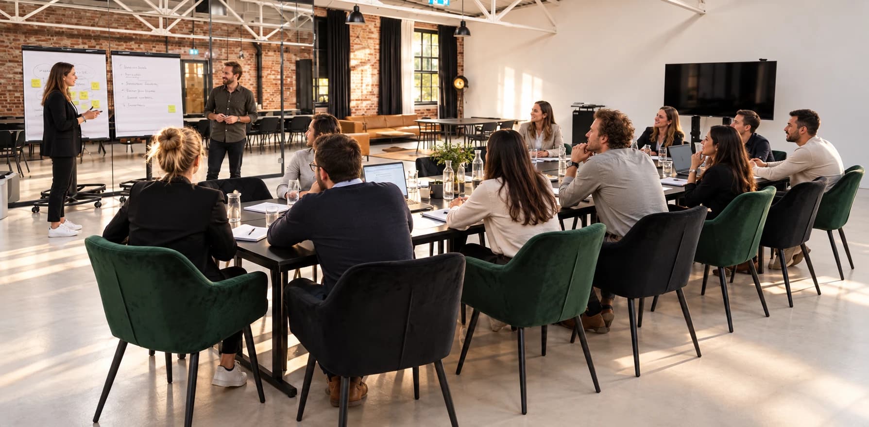 Ein Workshop in Werkraum.01 an einer langen Tafel mit grünen und schwarzen Samtstühlen, vorn zwei Moderierende an Flipcharts mit Haftnotizen, dahinter ein verglaster Nebenraum vor der Backsteinwand