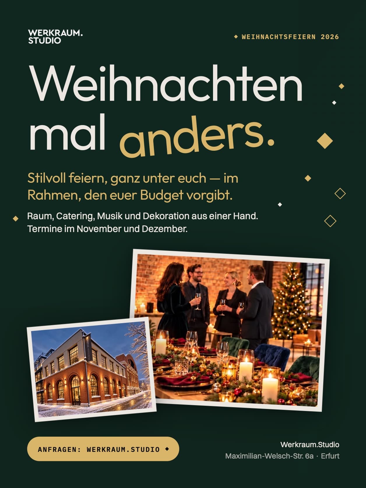 Der Flyer zu „Weihnachten mal anders“: der Titel auf dunkelgrünem Grund über zwei Bildern, einer festlich gedeckten Tafel mit Gästen vor einem Weihnachtsbaum und einem Backsteinhaus im Schnee, beide Visualisierungen. Darunter der Hinweis auf Anfragen über werkraum.studio und die Adresse des Studios.